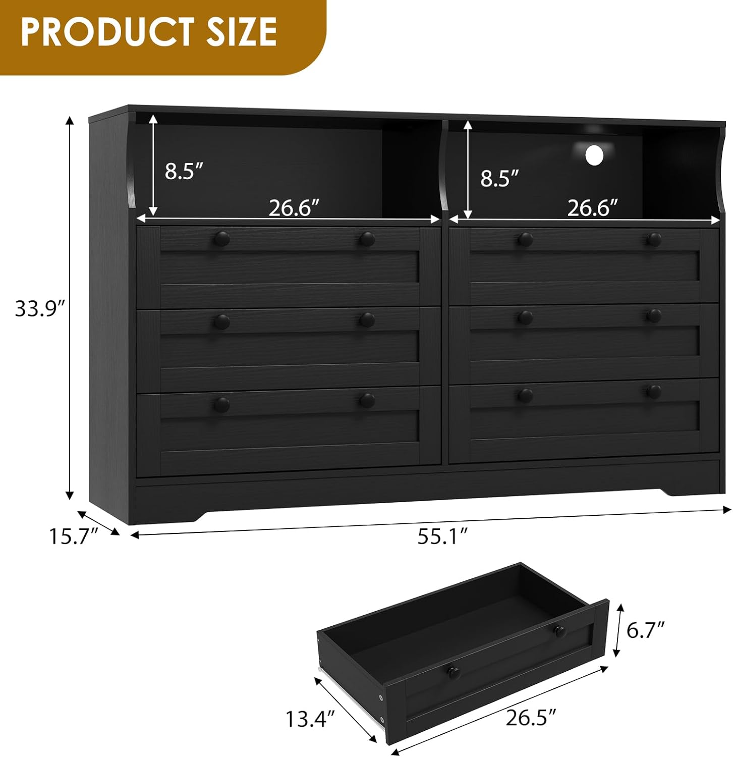 PRODUCT SIZE

- Height: 33.9"
- Width: 55.1"
- Depth: 15.7"
- Drawer Height: 6.7"
- Drawer Width: 26.5"
- Drawer Depth: 13.4"
- Top Cabinet Height: 8.5"
- Top Cabinet Width: 26.6"
- Bottom Cabinet Height: 8.5"
- Bottom Cabinet Width: 26.6"