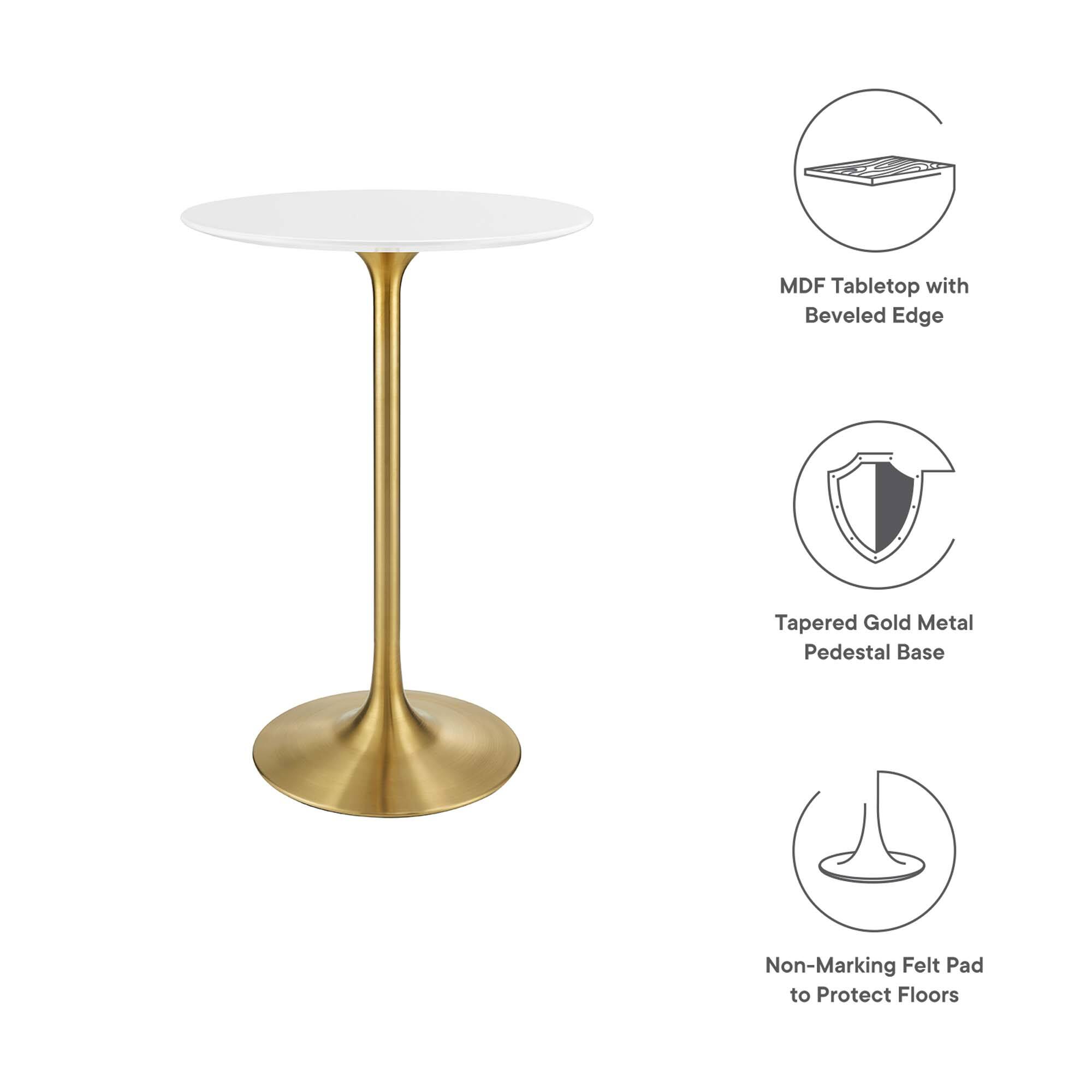 MDF Tabletop with Beveled Edge  
Tapered Gold Metal Pedestal Base  
Non-Marking Felt Pad to Protect Floors