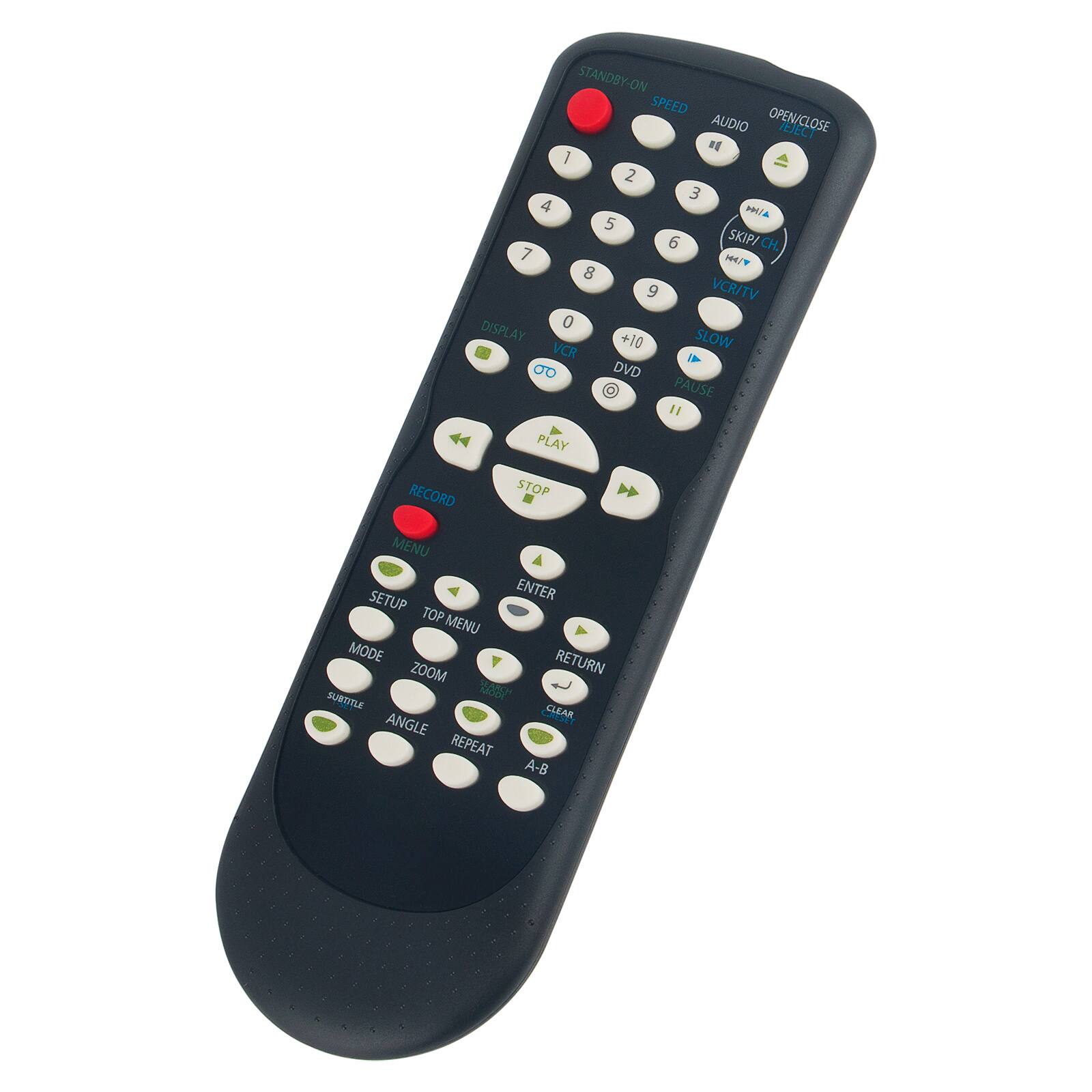 STANDBY-ON  
SPEED  
AUDIO  
OPEN/CLOSE  
EJECT  
1 2 3 4  
HHIA 5 6  
SKIP/CH  
7 HHET 8 9  
VCR/TV 0  
DISPLAY +10  
SLOW  
VCR -  
D0 DVD  
PAUSE 1  
PLAY RECORD STOP  
MENU SETUP  
ENTER TOP MENU  
MODE RETURN  
ZOOM  
SUBTITLE 7  
CLEAR  
ANGLE  
REPEAT A-B