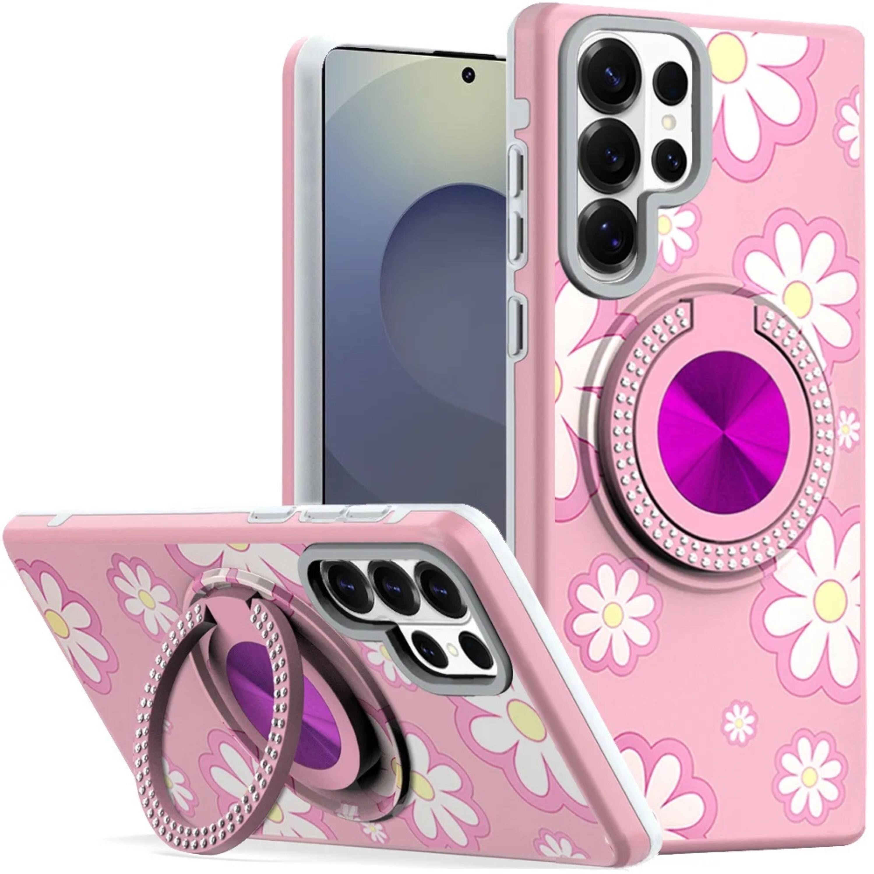 Front. Kitcheniva - Stylish Bling Ring Stand Protective Case With Tempered Glass For Samsung S26 Ultra Pink White Flowers - White.