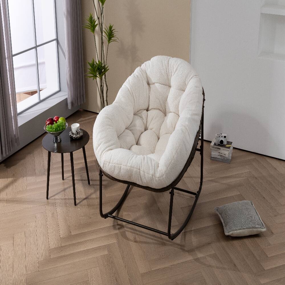 Alt View 3. Loheer - Loheer Outdoor Rocking Chair Oversized Egg Chair Rattan Patio Rocker with Padded Cushion White - White.