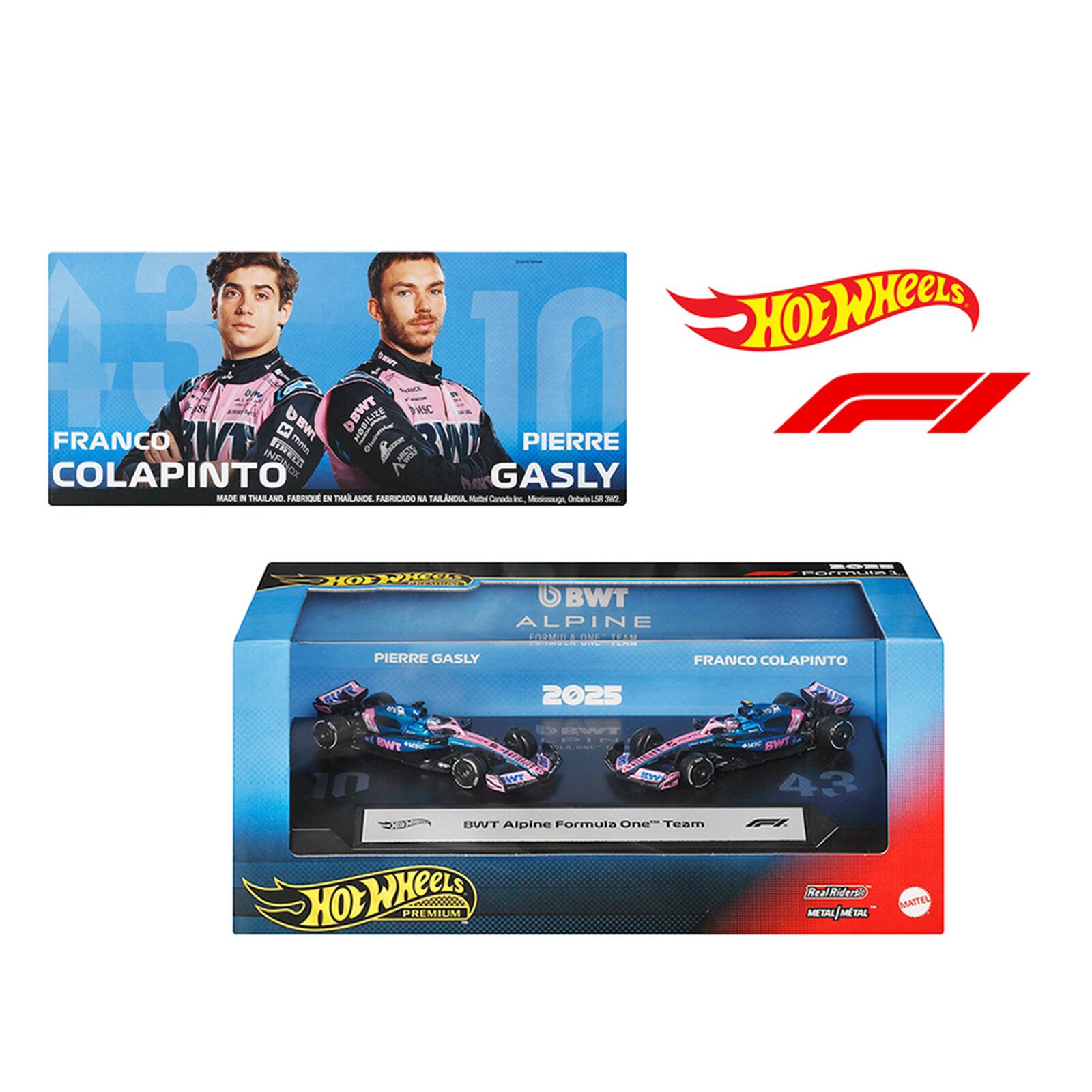FRANCO COLAPINTO  
PIERRE GASLY  
BWT Alpine Formula One Team  
2025  
Hot Wheels Premium  
Real Riders MATTEL METAL  
Made in Thailand, Fabriqué en Thaïlande, Fabricado en Tailandia  
Mattel Conocia Inc. Mississauga, Ontario, Canada