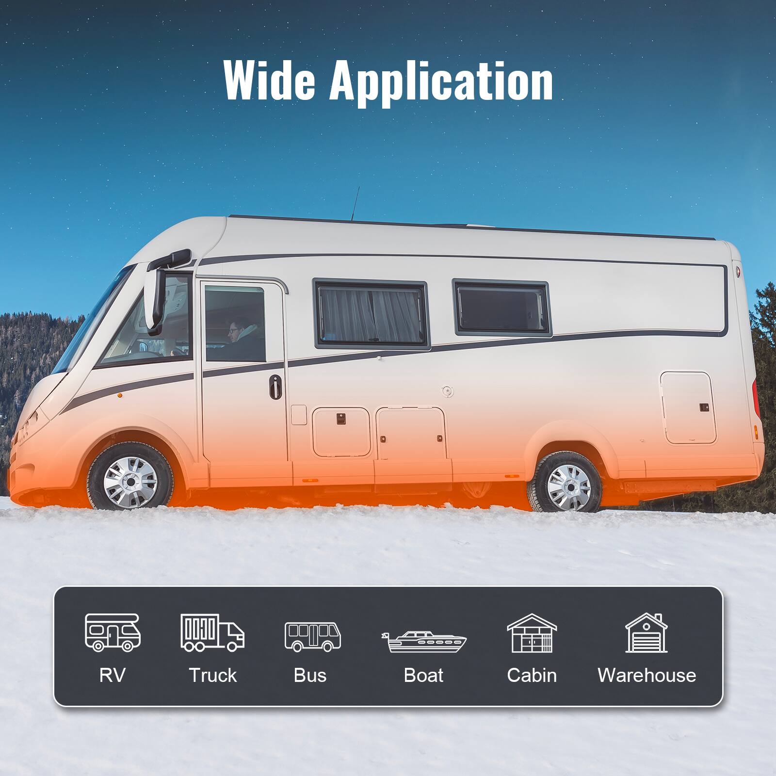 Wide Application

RV  
Truck  
Bus  
Boat  
Cabin  
Warehouse