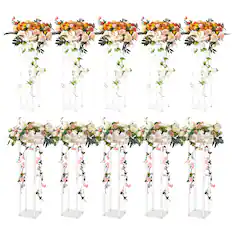 Front. VEVOR - 10PCS 23.6inch High Wedding Flower Stand, With Acrylic Laminate,Acrylic Vase Column Geometric Centerpiece Stands - Gold.