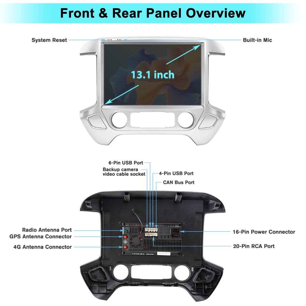 Front & Rear Panel Overview

- System Reset
- Built-in Mic
- 13.1 inch
- 6-Pin USB Port
- Backup camera video cable socket
- 4-Pin USB Port
- CAN Bus Port
- Radio Antenna Port
- GPS Antenna Connector
- 4G Antenna Connector
- 16-Pin Power Connector
- 20-Pin RCA Port
