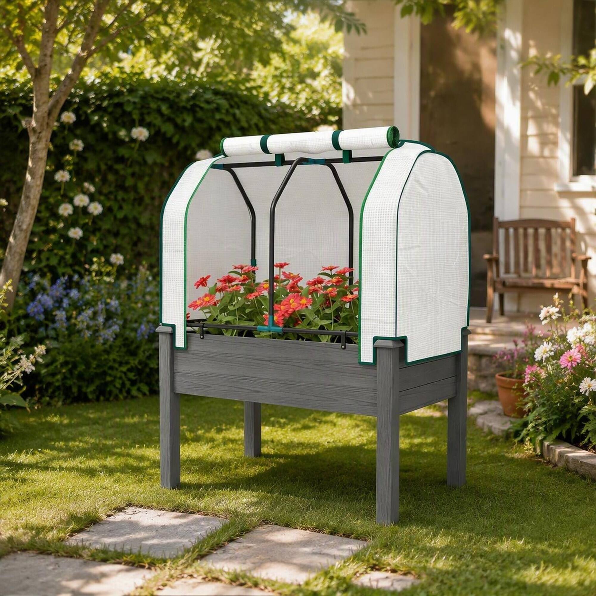 Alt View 2. RYHNUYNE - Raised Garden Bed Planter Box with Legs, Dark Gray Fir Wood and Steel Frame, PE Roll-Up Cover, Breathable Fabric - Dark Gray.