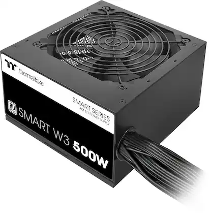 The image features a black box with a fan on top of it. The box is labeled "Smart W3 500W" and is part of the Smart Power Series. The fan is connected to the box via a black wire, and the box is designed to provide a reliable power supply for various devices.