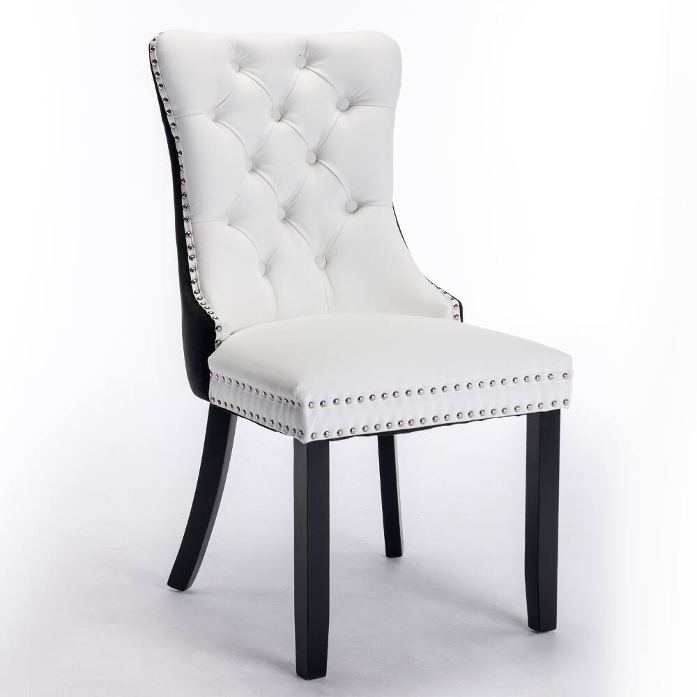 Left. Loheer - Loheer Tufted Solid Wood Dining Chairs Set of 2 Modern PU Velvet Nailhead Trim White Black - White+Black.