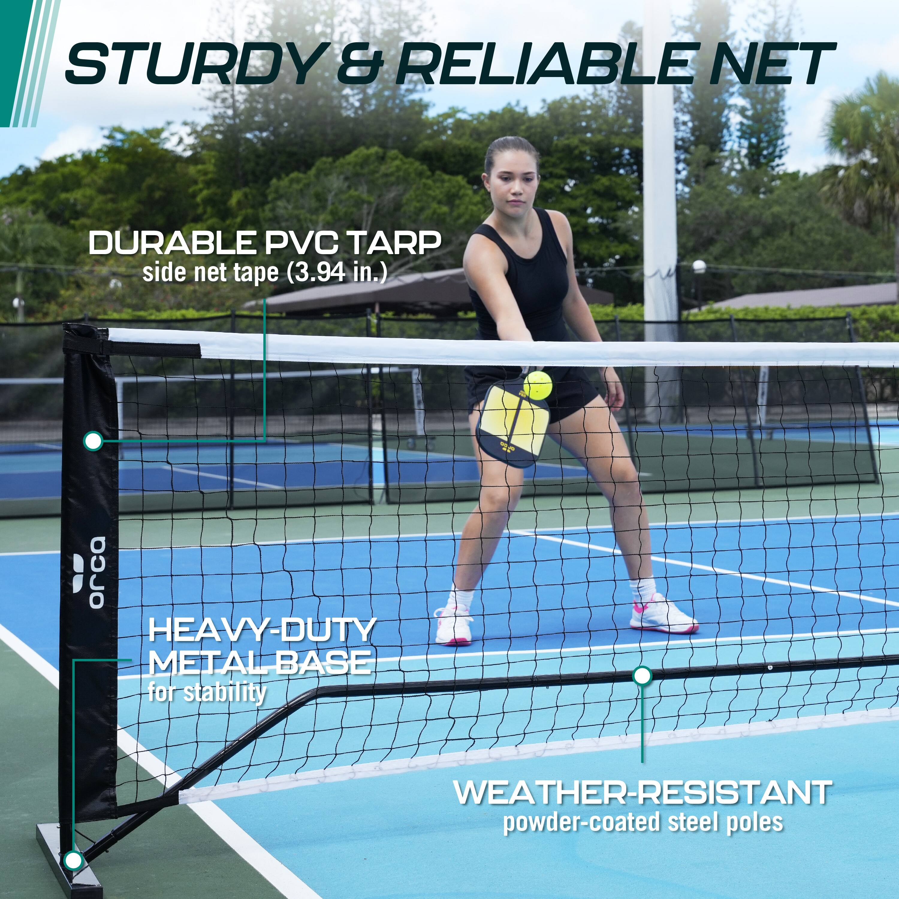 The text on the image is grouped and corrected as follows:

"Sturdy & Reliable Net Durable PVC Tarp Side Net Tape (3.94 in.) orca Heavy-Duty Metal Base for Stability Weather-Resistant Powder-Coated Steel Poles."