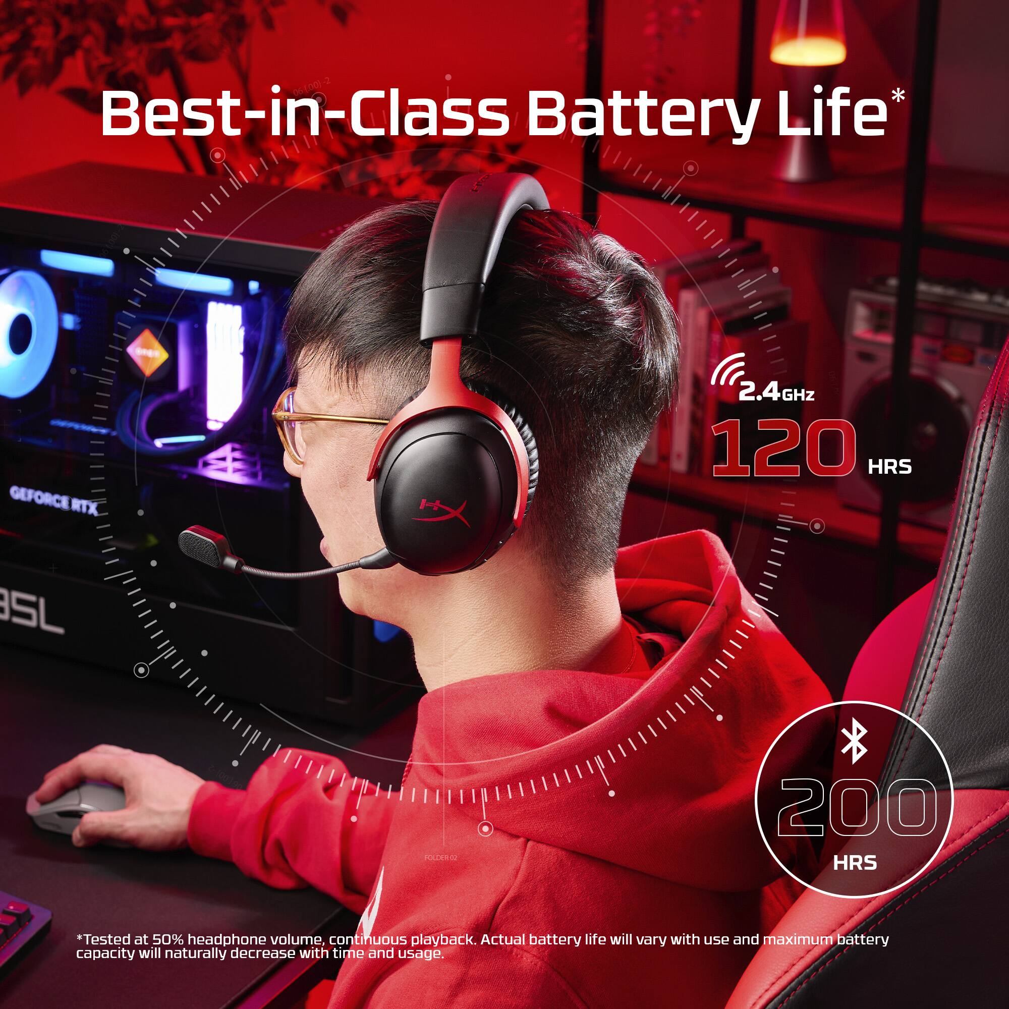 Best-in-Class Battery Life*: GeForce RTX 2080 Ti 120 HRS, SL POLDERCO 200 HRS. Tested at 50% headphone volume, continuous playback. Actual battery life will vary with use and maximum battery capacity will naturally decrease with time and usage.