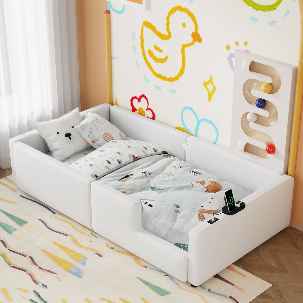 Left. Loheer - Loheer Twin Upholstered Platform Bed White Twin Bed with Guardrail and Charging Station - White.