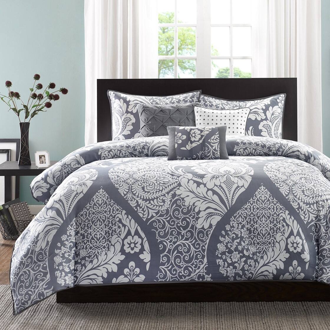 Front. Gracie Mills - Gracie Mills Muriel Damask Dreams 7-Piece Cotton Printed Comforter Set - Grey.