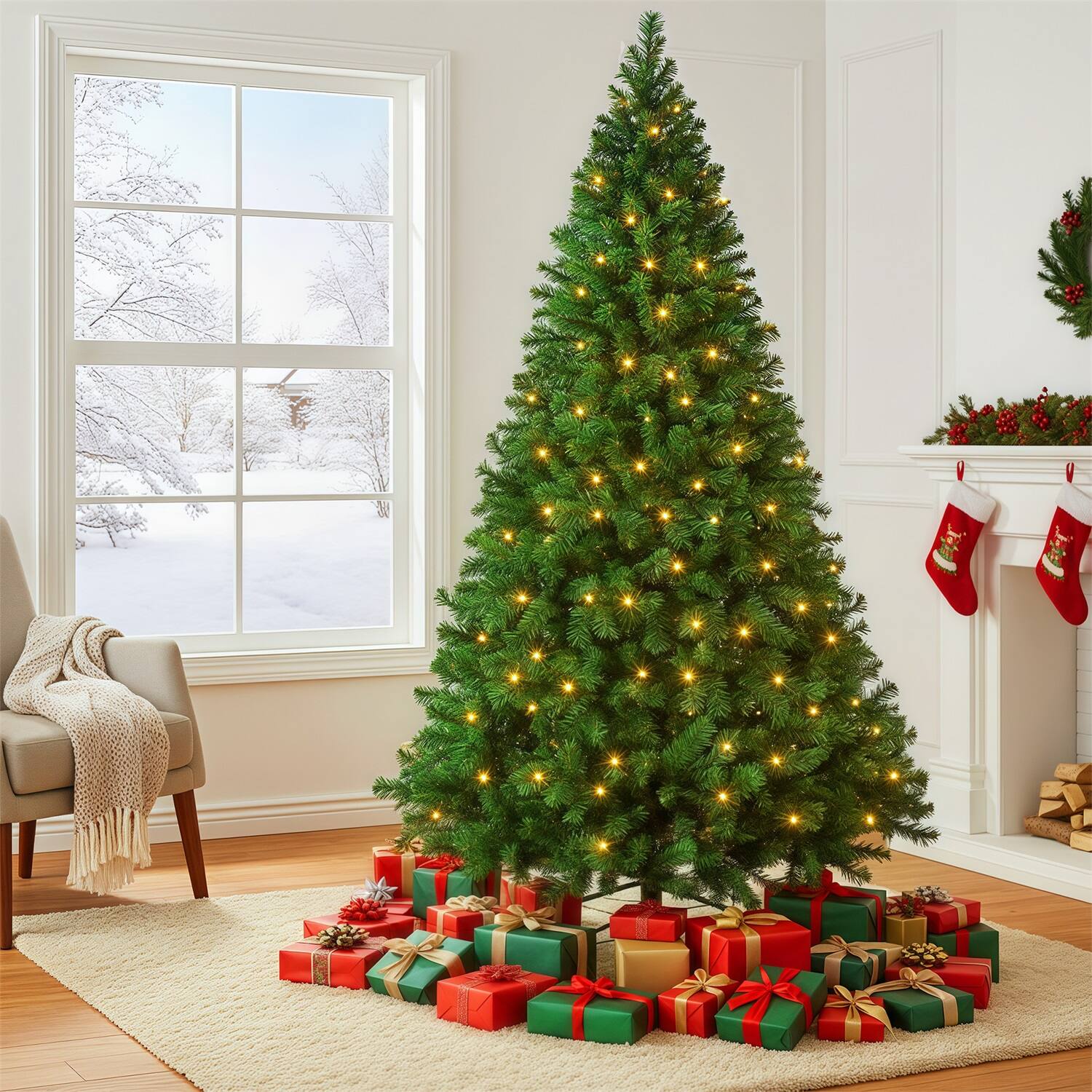 Angle. Sweet - 6ft Prelit Premium Artificial Classic Spruce Christmas Tree with Pre-lit Warm White Lights and Foldable Stand - Green.