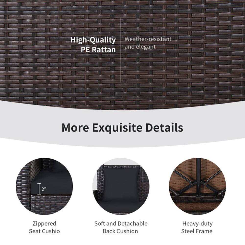 High-Quality Weather-resistant and elegant PE Rattan

More Exquisite Details

- 2" Zippered Seat Cushion
- Soft and Detachable Back Cushion
- Heavy-duty Steel Frame
