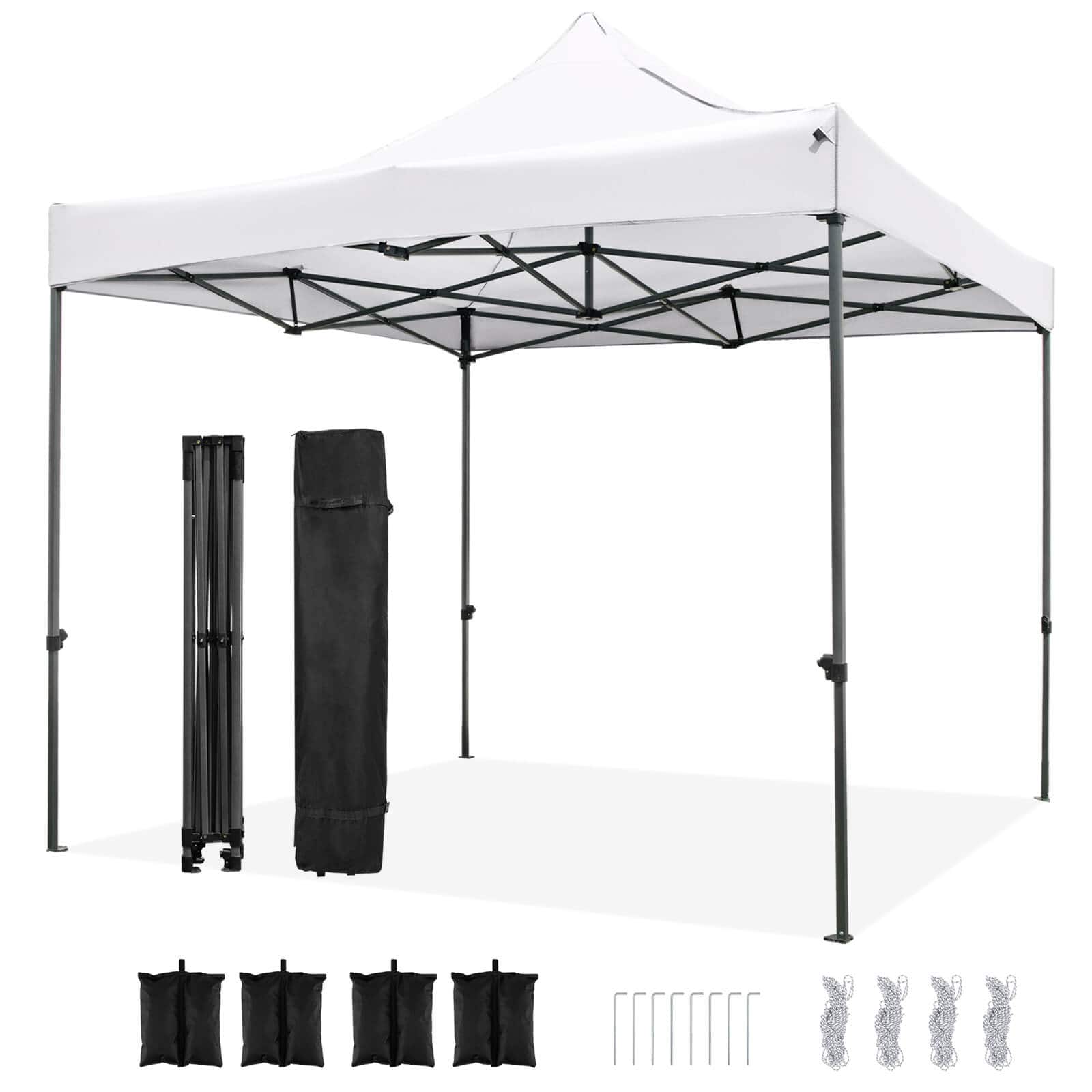 Costway - 10 x 10 FT Outdoor Pop up Canopy Tent with Wheeled Bag, 4 Sandbags, Stake & Ropes - White