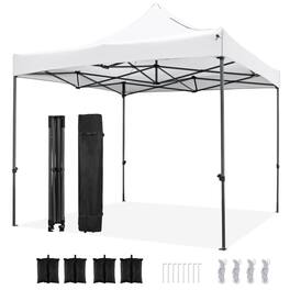 Costway - 10 x 10 FT Outdoor Pop up Canopy Tent with Wheeled Bag, 4 Sandbags, Stake & Ropes - White