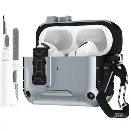 Front. Dteck - Case for Airpods Pro 2nd Gen (2022) with Magnetic Lock,Phone Stand & Carabiner,Shockproof Earbuds Cover with Cleaner Kit - Gray.