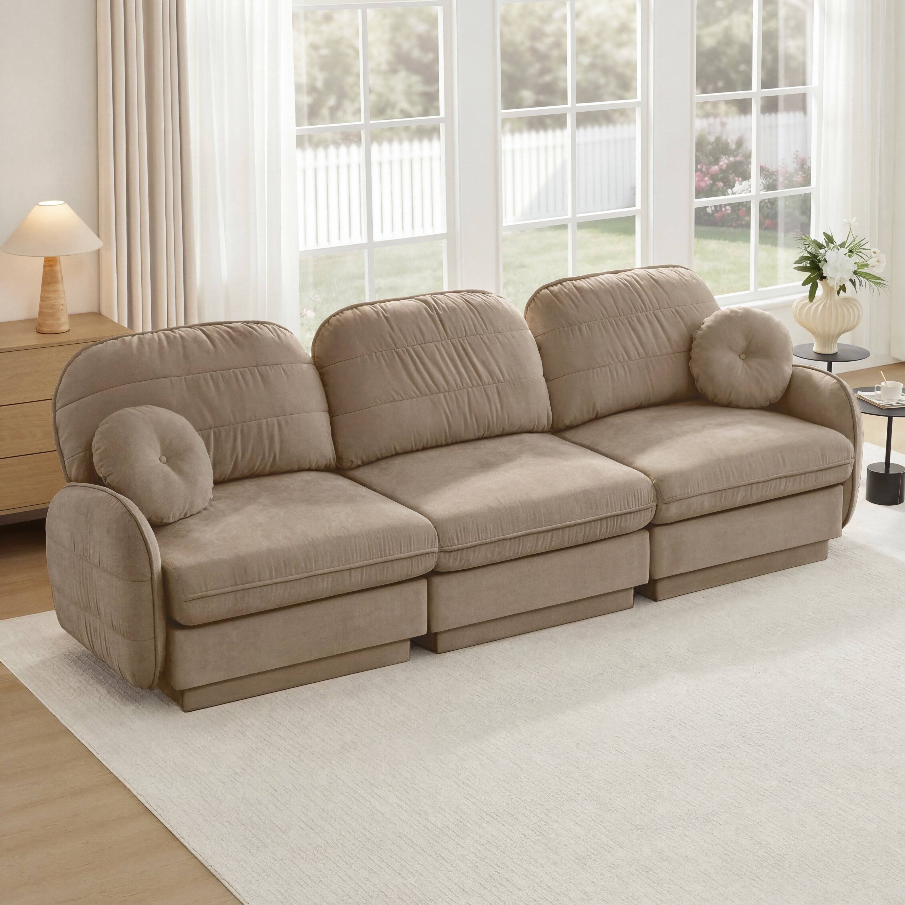 Front. LOVMOR - 3 Seater Chenille Couch Deep Seat Anti Slip For Living Room Apartment Den Plush Cozy Lounge Indoor Family Home - Light Coffee.