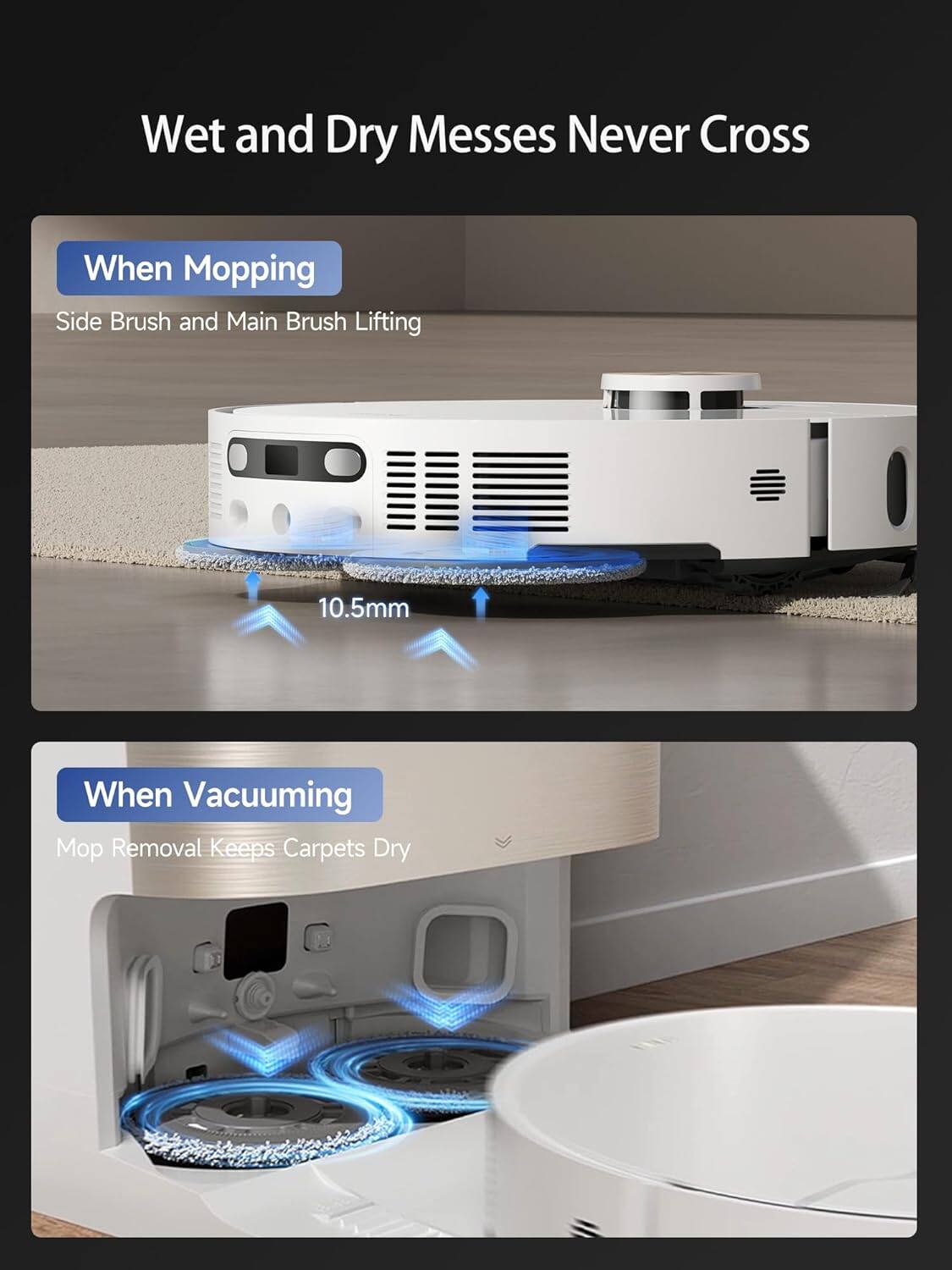 Wet and Dry Messes Never Cross

When Mopping  
Side Brush and Main Brush Lifting  
10.5mm

When Vacuuming  
Mop Removal Keeps Carpets Dry
