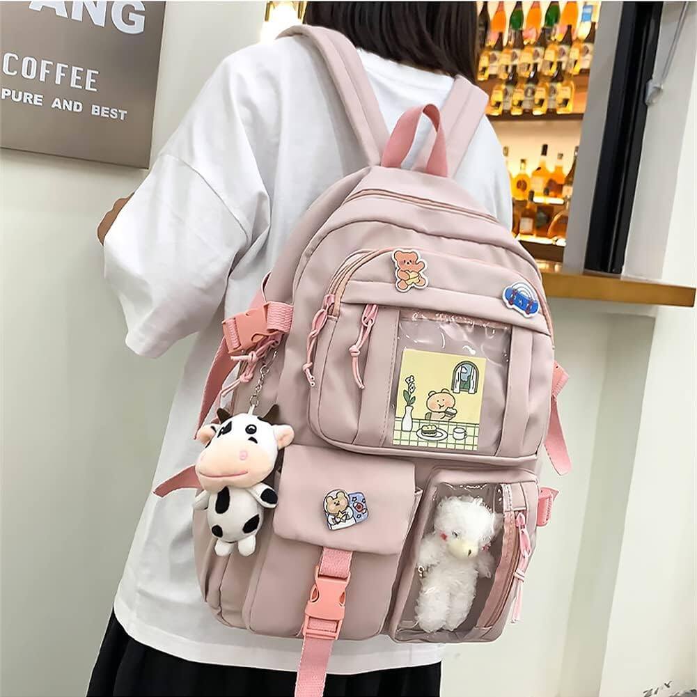 Alt View 3. Stamp n Camp - Backpack Lovely Pastel Rucksack For Teen  Cute Aesthetic Bookbag School With Pin And Accessories (pink) - Black.