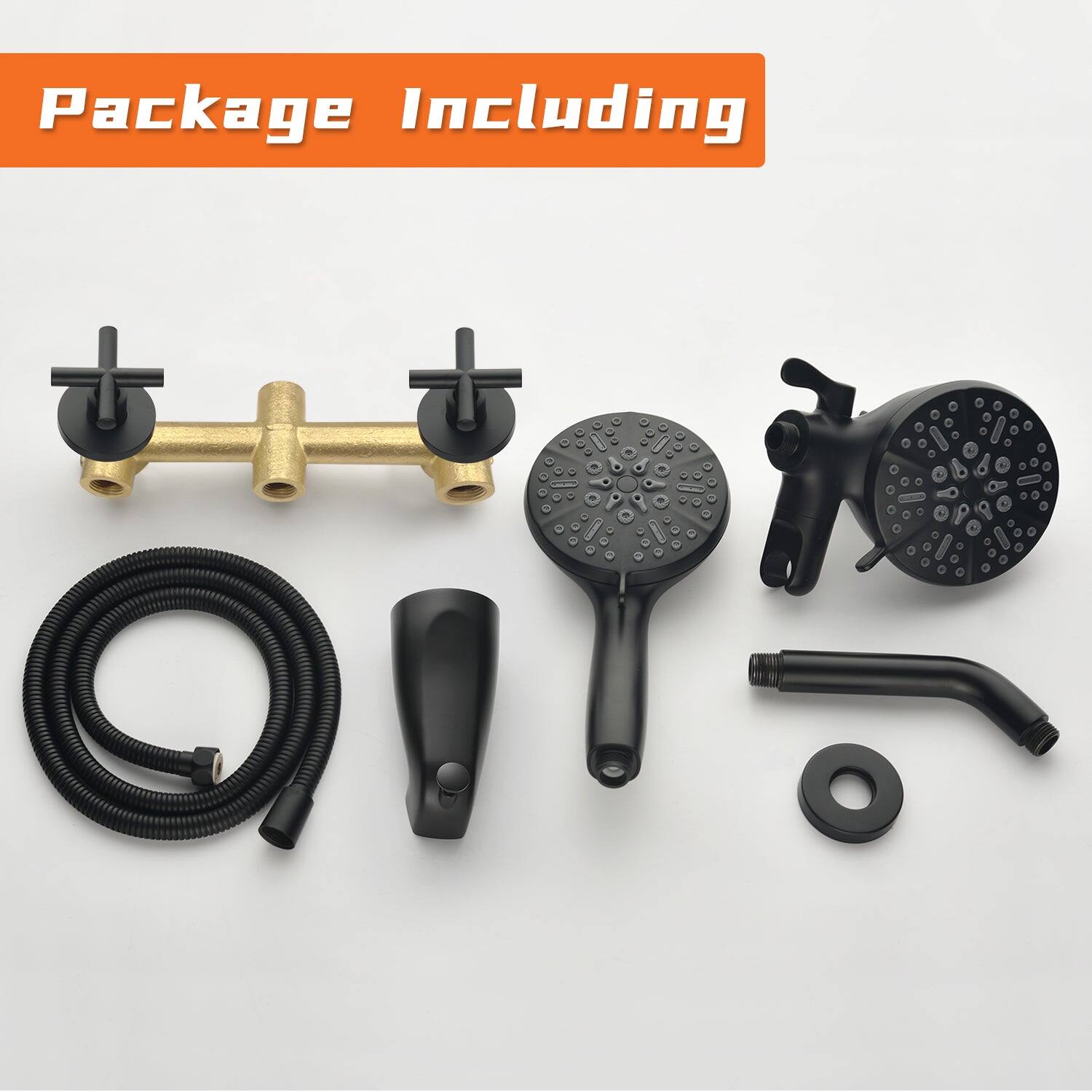 Package Including

- Brass valve with black handles
- Black shower head
- Black hose
- Black handheld shower head
- Black elbow fitting
- Black gasket