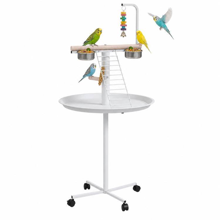 Alt View 10. PULUZ - Bird Stand with Wheels, Perches, Feed Bowls, Round Tray for Parrot - White.