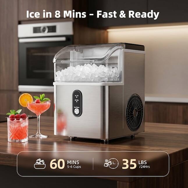 Ice in 8 Mins - Fast & Ready

60 MINS 5-6 Cups

35 LBS /24Hrs