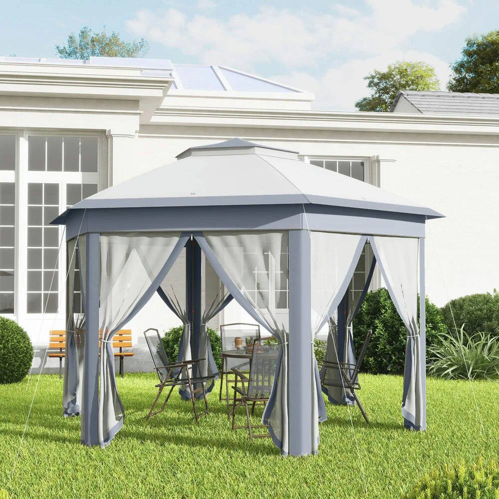 Angle. Spaco - Spaco 13'x13' Pop Up Gazebo Hexagonal Canopy Shelter,6 Zippered Mesh Netting - Grey.