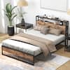 Front. Gymax - Gymax Full Size Industrial Platform Bed Frame with Charging Station Storage Headboard - Rustic Brown.
