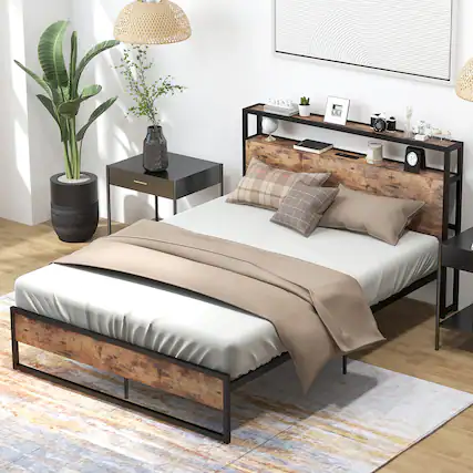 Front. Gymax - Gymax Full Size Industrial Platform Bed Frame with Charging Station Storage Headboard - Rustic Brown.