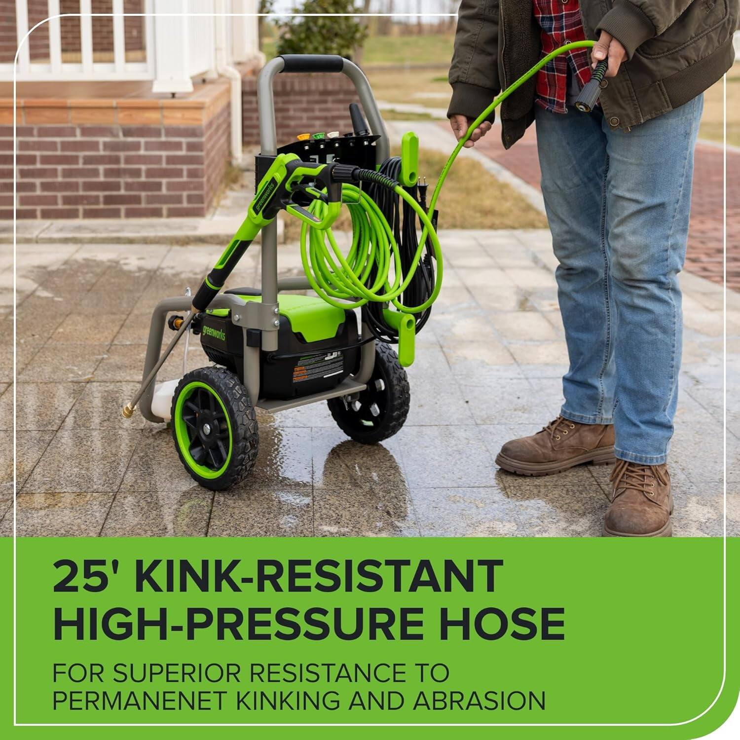 25' KINK-RESISTANT HIGH-PRESSURE HOSE  
FOR SUPERIOR RESISTANCE TO PERMANENT KINKING AND ABRASION