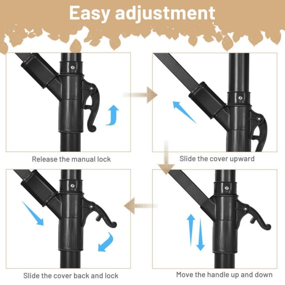 Easy adjustment

1. Release the manual lock
2. Slide the cover upward
3. Slide the cover back and lock
4. Move the handle up and down