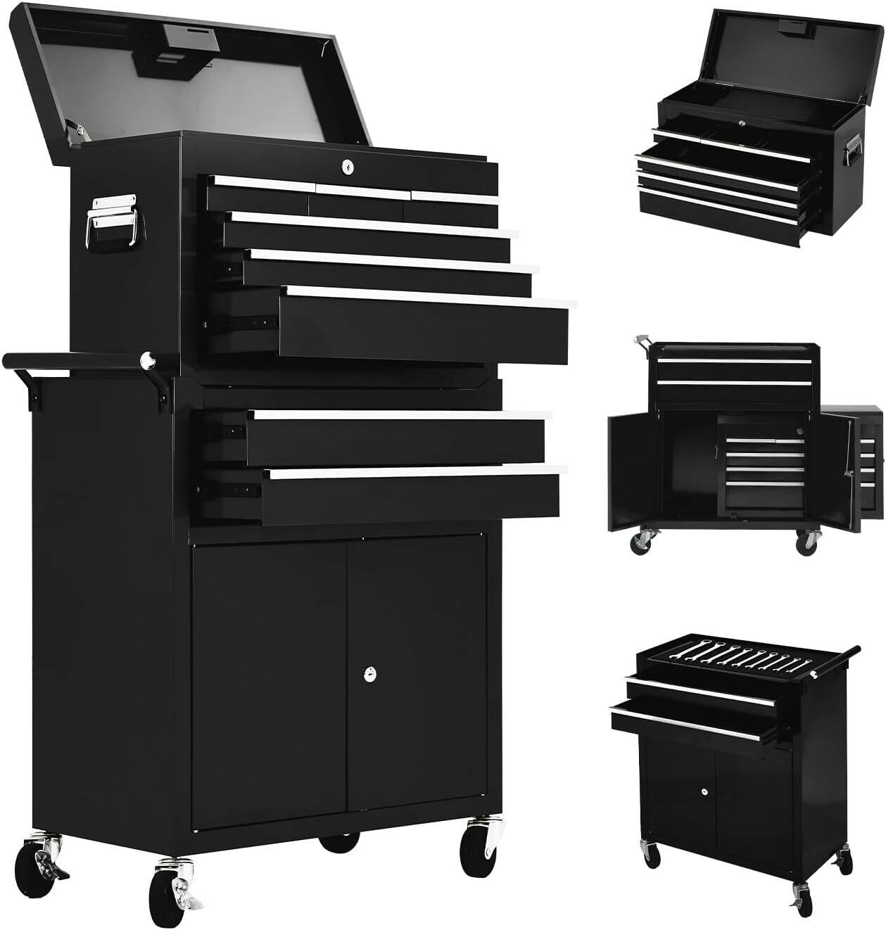 Front. Acekool - Rolling 8-Drawer Tool Chest, Lockable & Detachable Top Tool Box, with Wheels.