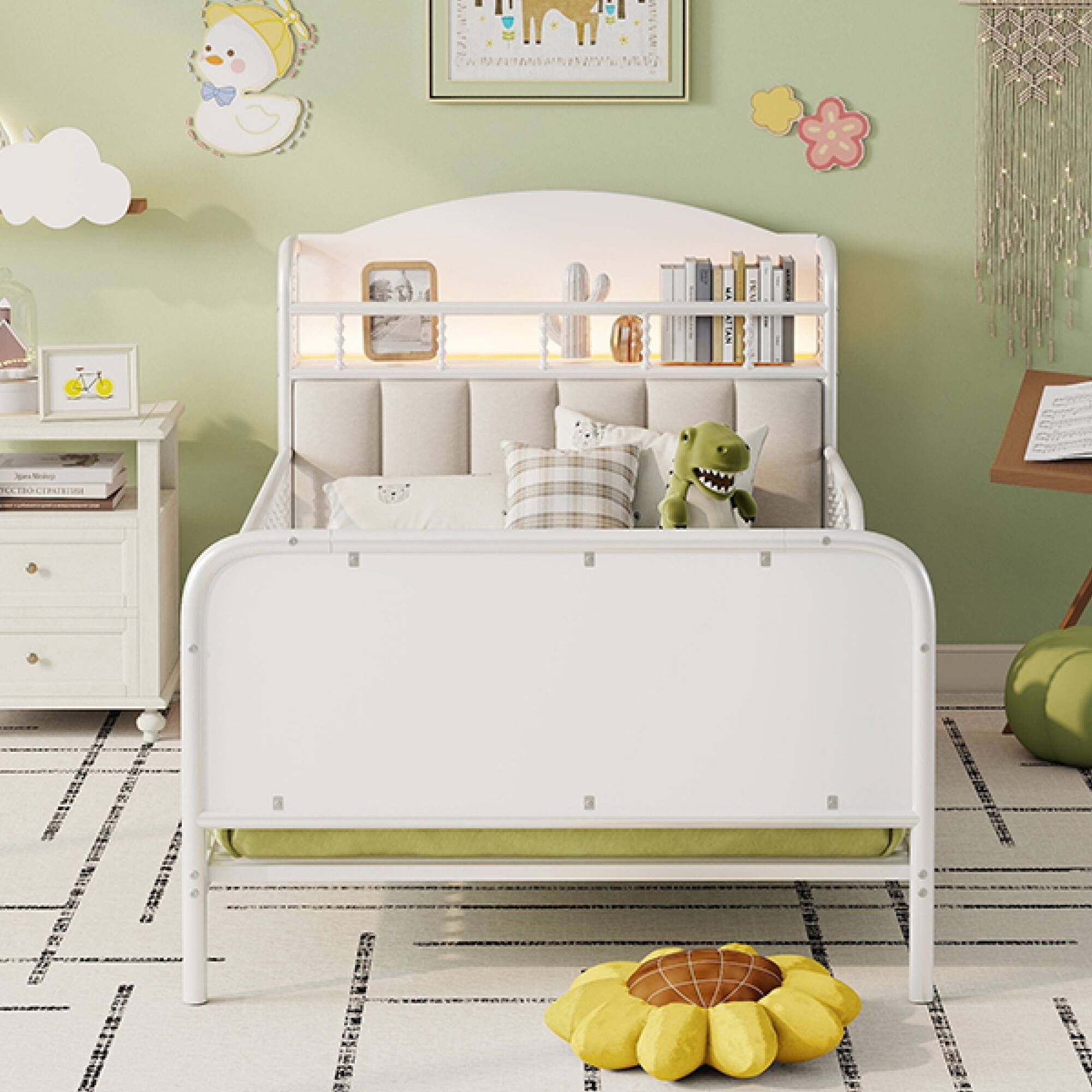 Alt View 9. GOODSILO - Kids Twin Metal Platform Bed Frame with Upholstered Headboard and LED Lighting - White.