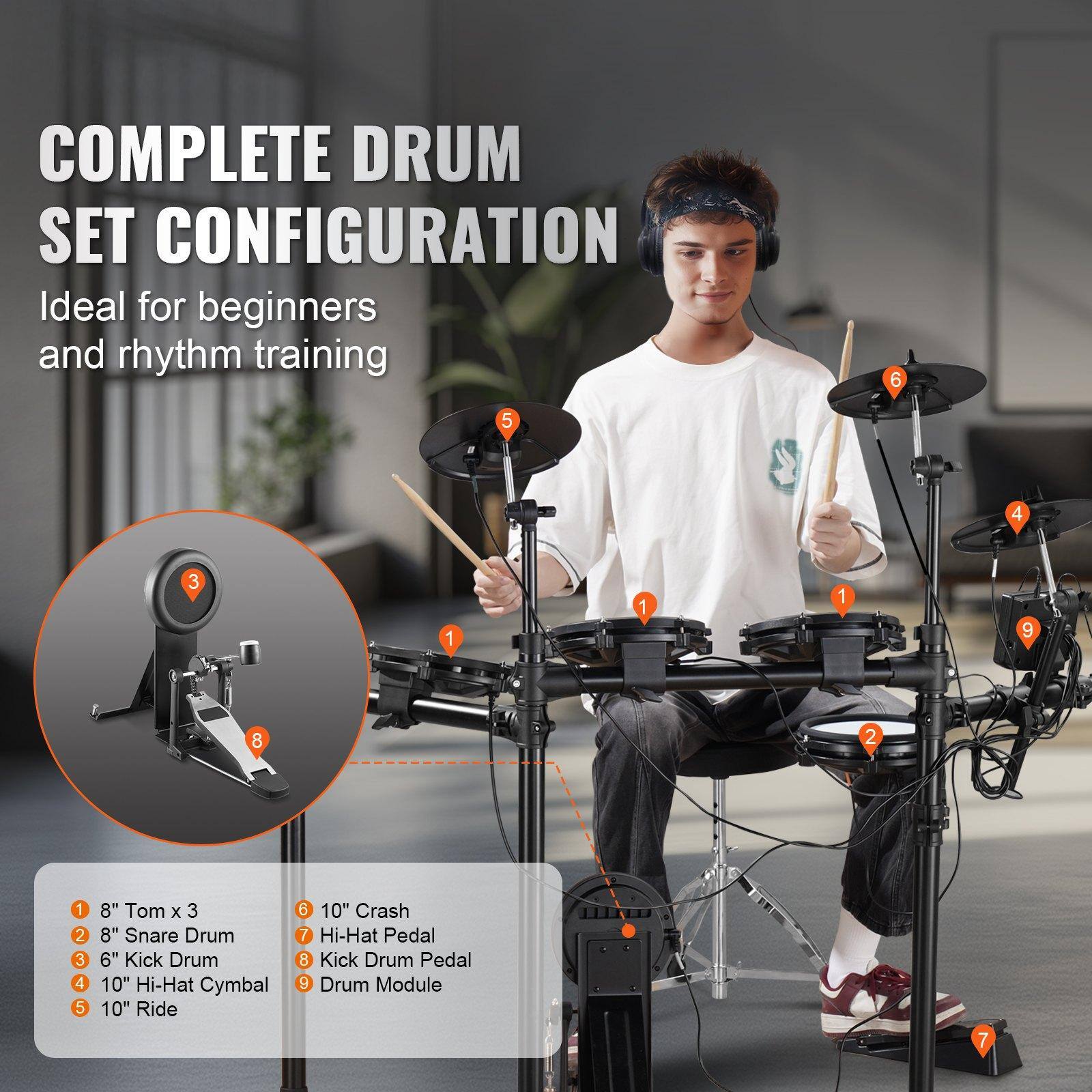 COMPLETE DRUM SET CONFIGURATION  
Ideal for beginners and rhythm training  

1. 8" Tom x 3  
2. 8" Snare Drum  
3. 6" Kick Drum  
4. 10" Hi-Hat Cymbal  
5. 10" Ride  
6. 10" Crash  
7. Hi-Hat Pedal  
8. Kick Drum Pedal  
9. Drum Module