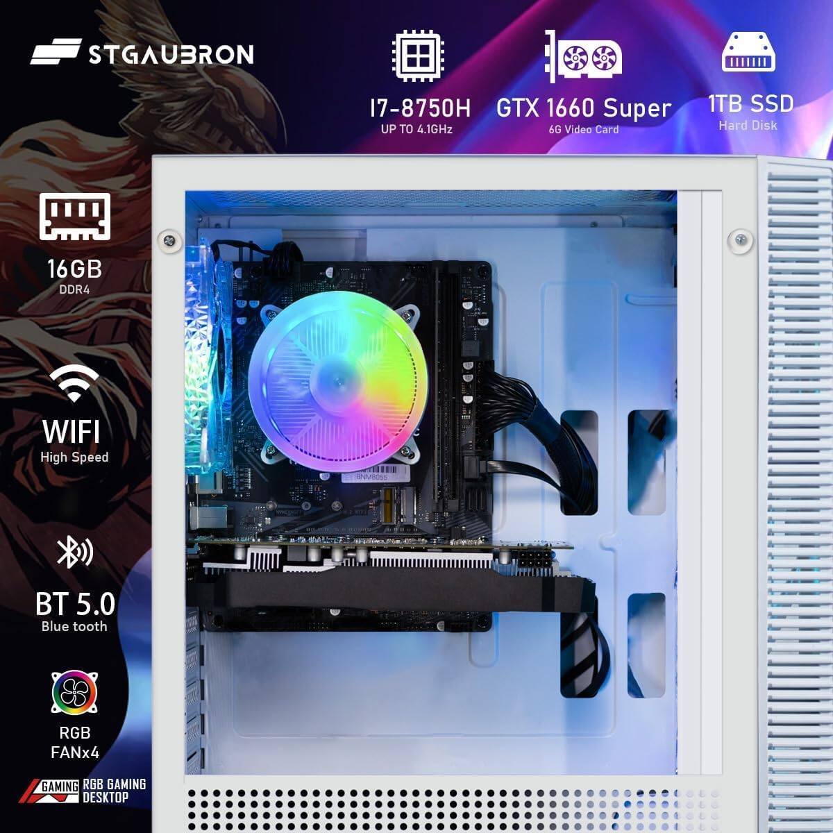 STGAUBRON, 17-8750H, GTX 1660 Super, 6G Video Card, 1TB SSD, Hard Disk, 16GB DDR4, WIFI, High Speed, BT 5.0, Blue tooth, RGB, FANx4, GAMING, RGB, GAMING DESKTOP