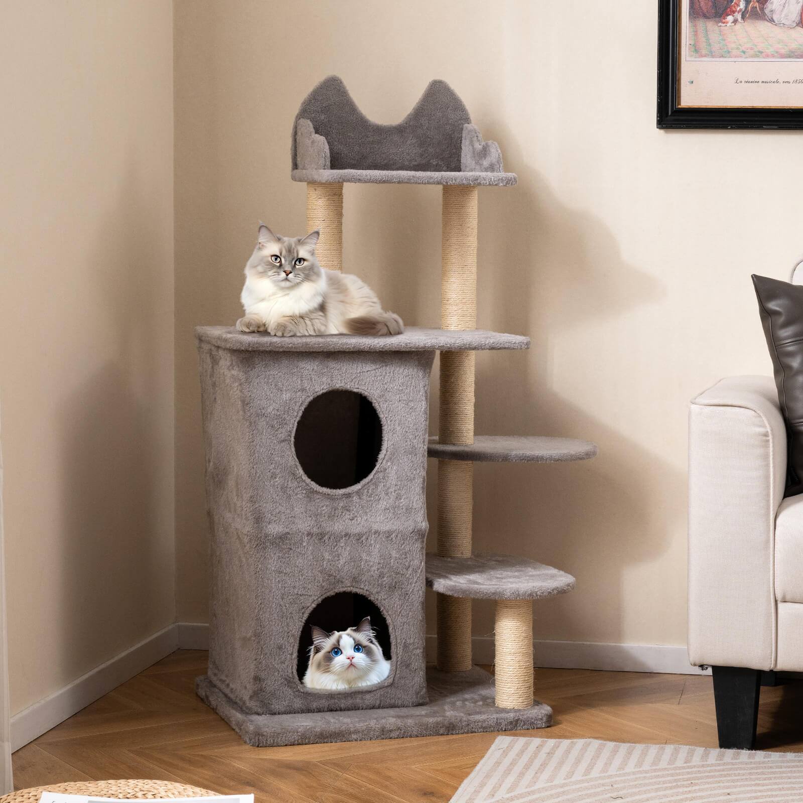 Alt View 1. Costway - Costway 48.5 inch Cat Tree for Indoor Cat with 2-story Condo, 3 Hideaway Caves, Plush Perch - Gray.