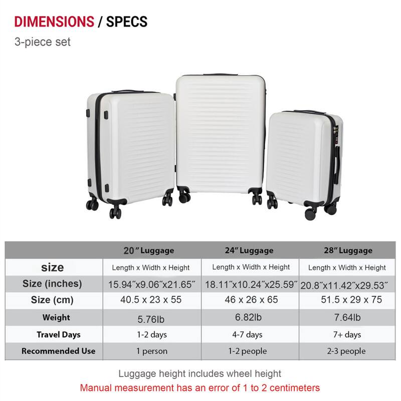 DIMENSIONS / SPECS  
3-piece set  

| Size       | 20" Luggage                     | 24" Luggage                     | 28" Luggage                     |
|------------|-------------------------------|-------------------------------|-------------------------------|
| Size (inches) | Length x Width x Height        | Length x Width x Height        | Length x Width x Height        |
|            | 15.94"x9.06"x21.65"             | 18.11"x10.24"x25.59"            | 20.8"x11.42"x29.53"             |
| Size (cm)   | 40.5 x 23 x 55                 | 46 x 26 x 65                   | 51.5 x 29 x 75                 |
| Weight     | 5.76lb                        | 6.82lb                        | 7.64lb                        |
| Travel Days | 1-2 days                      | 4-7 days                      | 7+ days                       |
| Recommended Use | 1 person                    | 1-