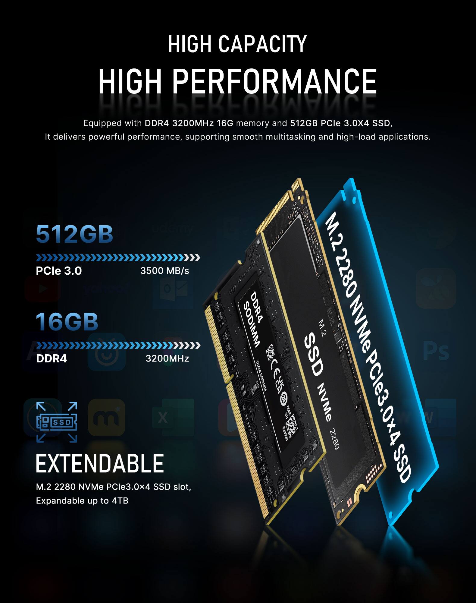 HIGH CAPACITY  
HIGH PERFORMANCE  

Equipped with DDR4 3200MHz 16G memory and 512GB PCIe 3.0X4 SSD, it delivers powerful performance, supporting smooth multitasking and high-load applications.  

512GB  
PCIe 3.0  
3500 MB/s  

16GB  
DDR4  
3200MHz  

EXTENDABLE  
M.2 2280 NVMe PCIe3.0x4 SSD slot, Expandable up to 4TB