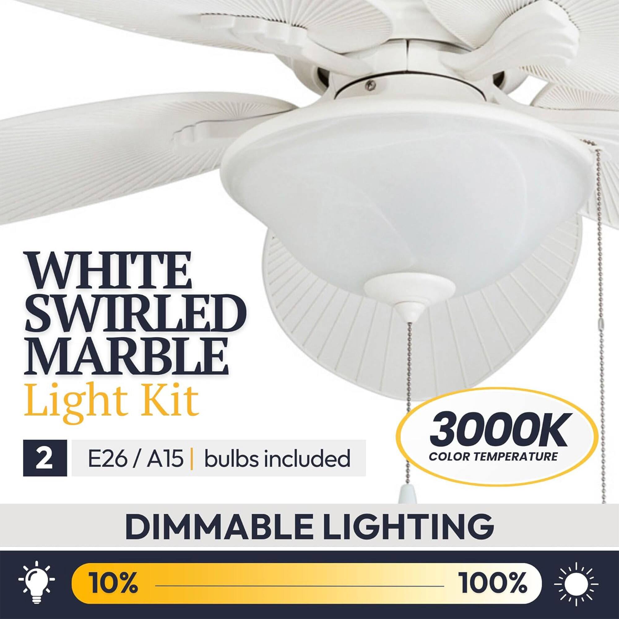 WHITE SWIRLED MARBLE Light Kit  
2 E26/A15 | bulbs included  
3000K COLOR TEMPERATURE  
DIMMABLE LIGHTING  
10% - 100%
