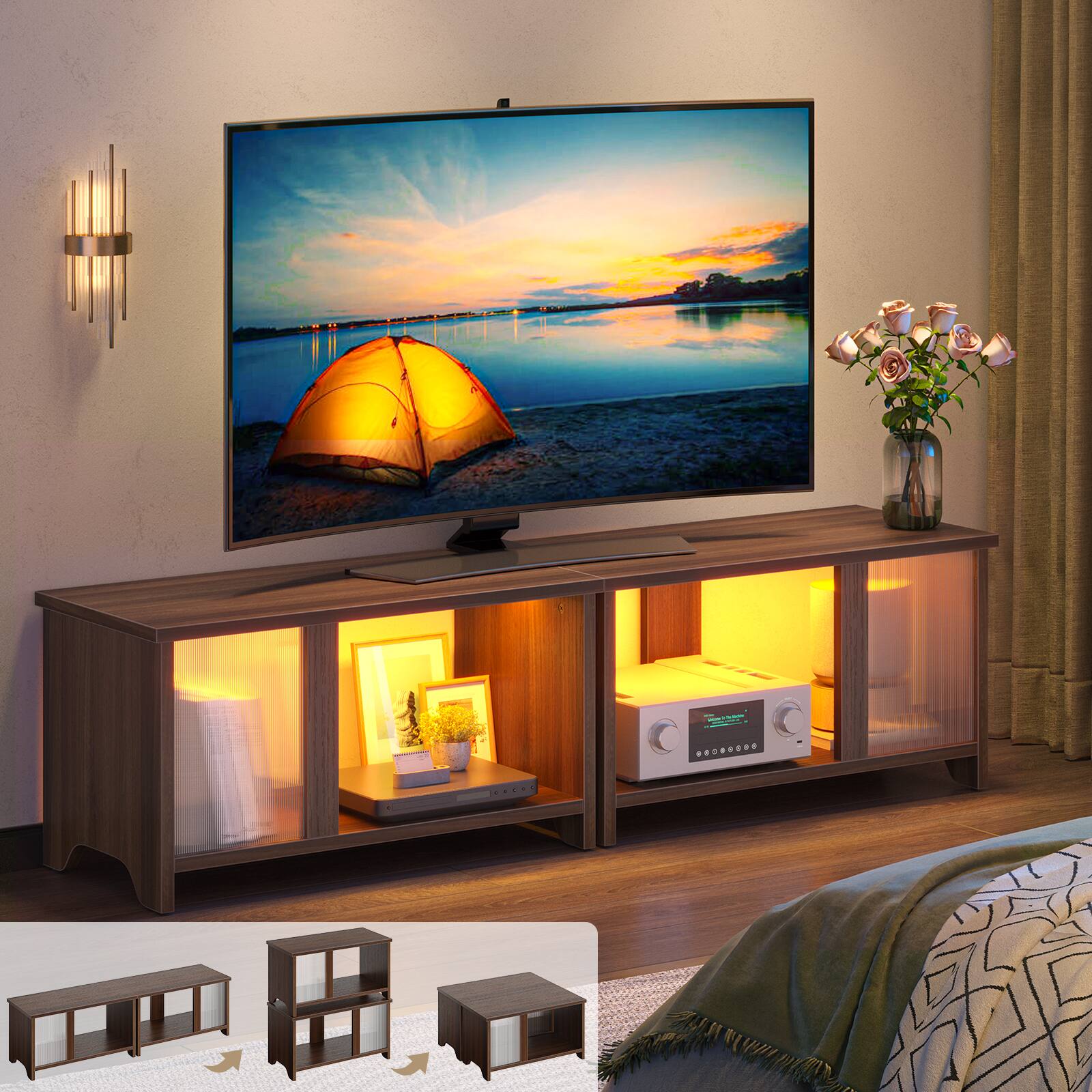 For: - A large flat screen TV is placed on a wooden stand.