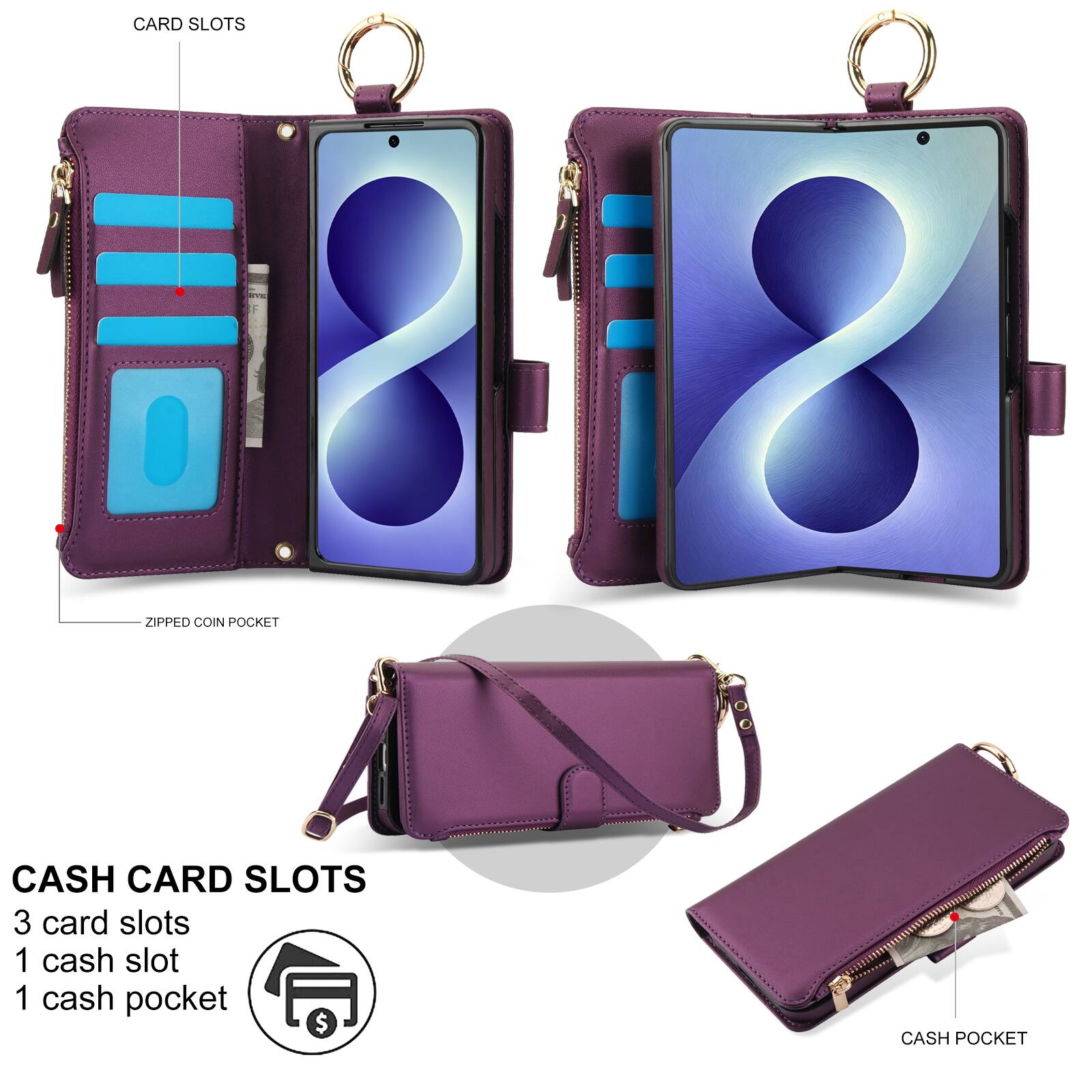 CARD SLOTS

ZIPPED COIN POCKET

CASH CARD SLOTS
3 card slots
1 cash slot
1 cash pocket

CASH POCKET