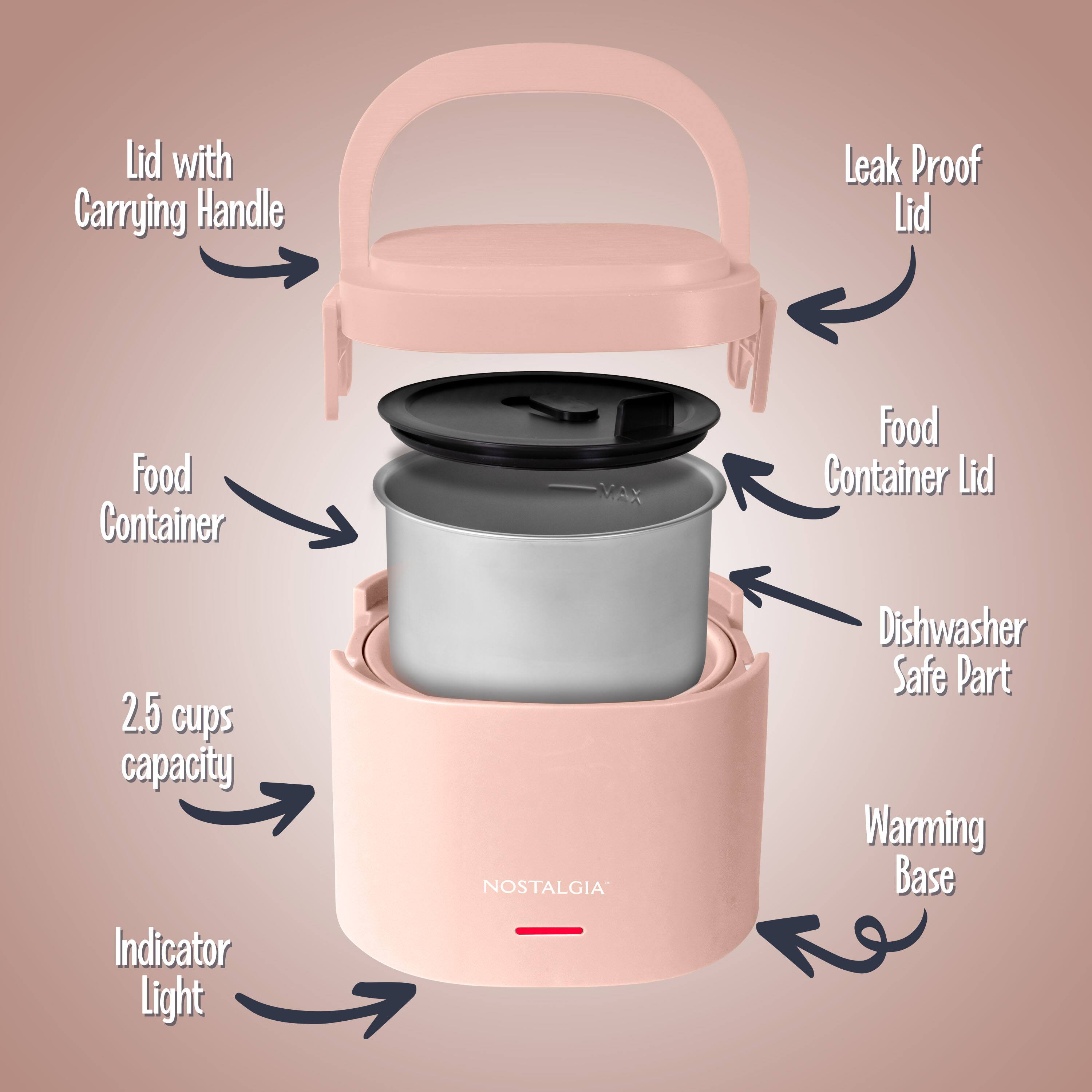 - Lid with Carrying Handle
- Leak Proof Lid
- Food Container Lid
- Food Container
- 2.5 cups capacity
- Indicator Light
- Dishwasher Safe Part
- Warming Base

NOSTALGIA