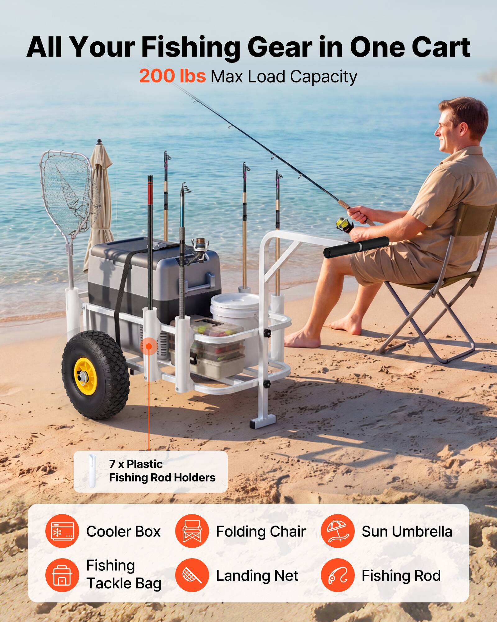 All Your Fishing Gear in One Cart  
200 lbs Max Load Capacity  

7 x Plastic Fishing Rod Holders  
Cooler Box  
Folding Chair  
Sun Umbrella  
Fishing Tackle Bag  
Landing Net  
Fishing Rod