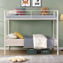 Trinkets Crazed - Twin Over Twin Size Metal Detachable Bunk Bed Frame with 2 Side Ladder and Guardrail - White