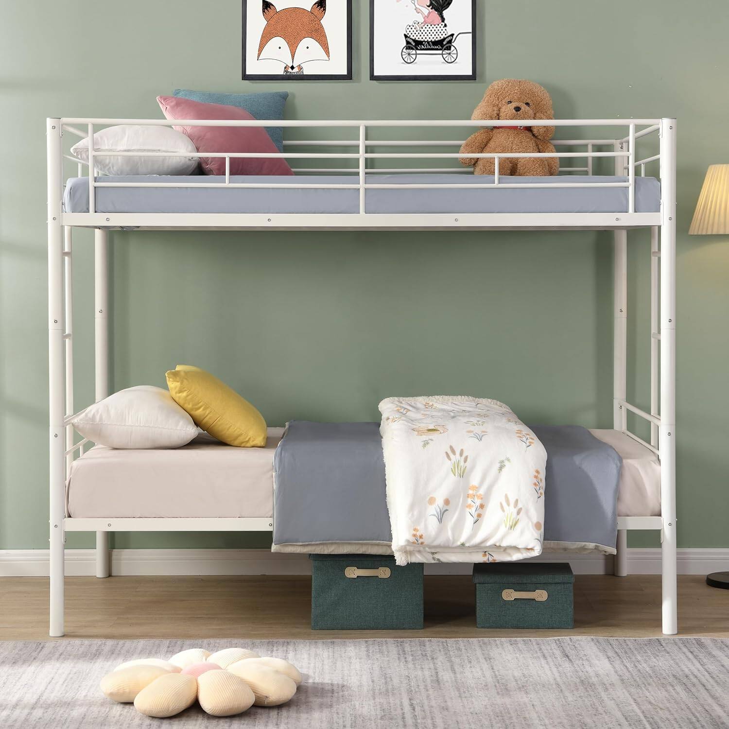 Front. Trinkets Crazed - Twin Over Twin Size Metal Detachable Bunk Bed Frame with 2 Side Ladder and Guardrail - white.