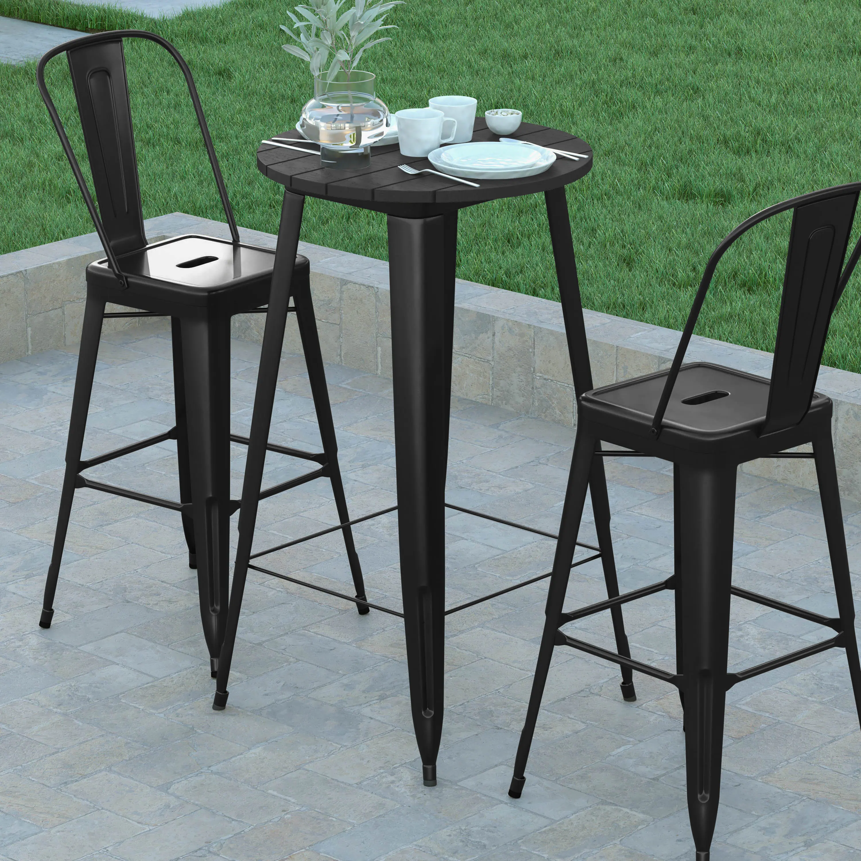 Alt View 3. Emma + Oliver - Drew Indoor/Outdoor Bar Top Table, 23.75" Round All Weather Poly Resin Top with Steel base - Black Top/Black Frame.