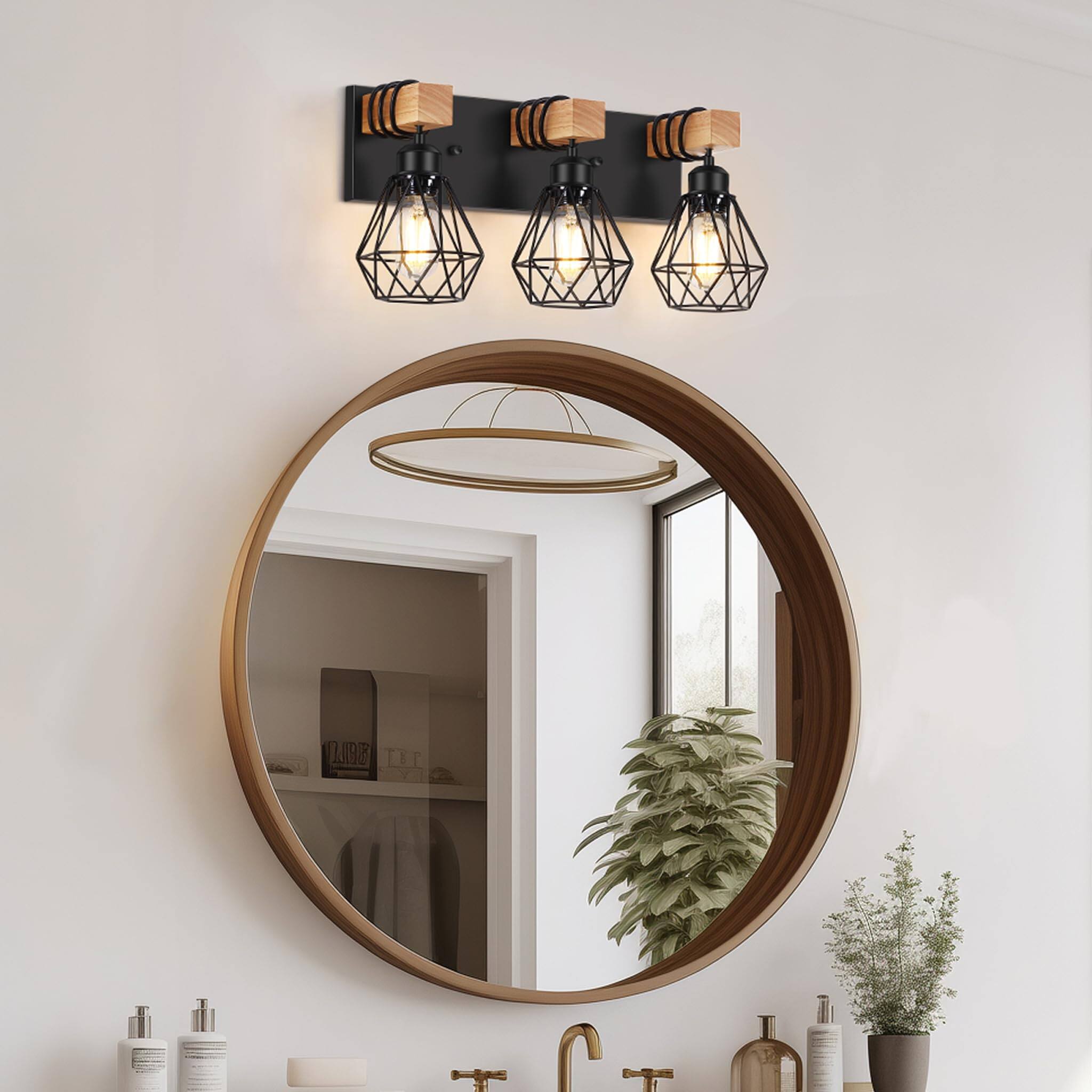 Alt View 2. Dazzling Pops - Farmhouse Bathroom Vanity Light Fixtures Wood Lighting Over Mirror Lights With Metal Lampshade Vintage Wall - 2-Lights.