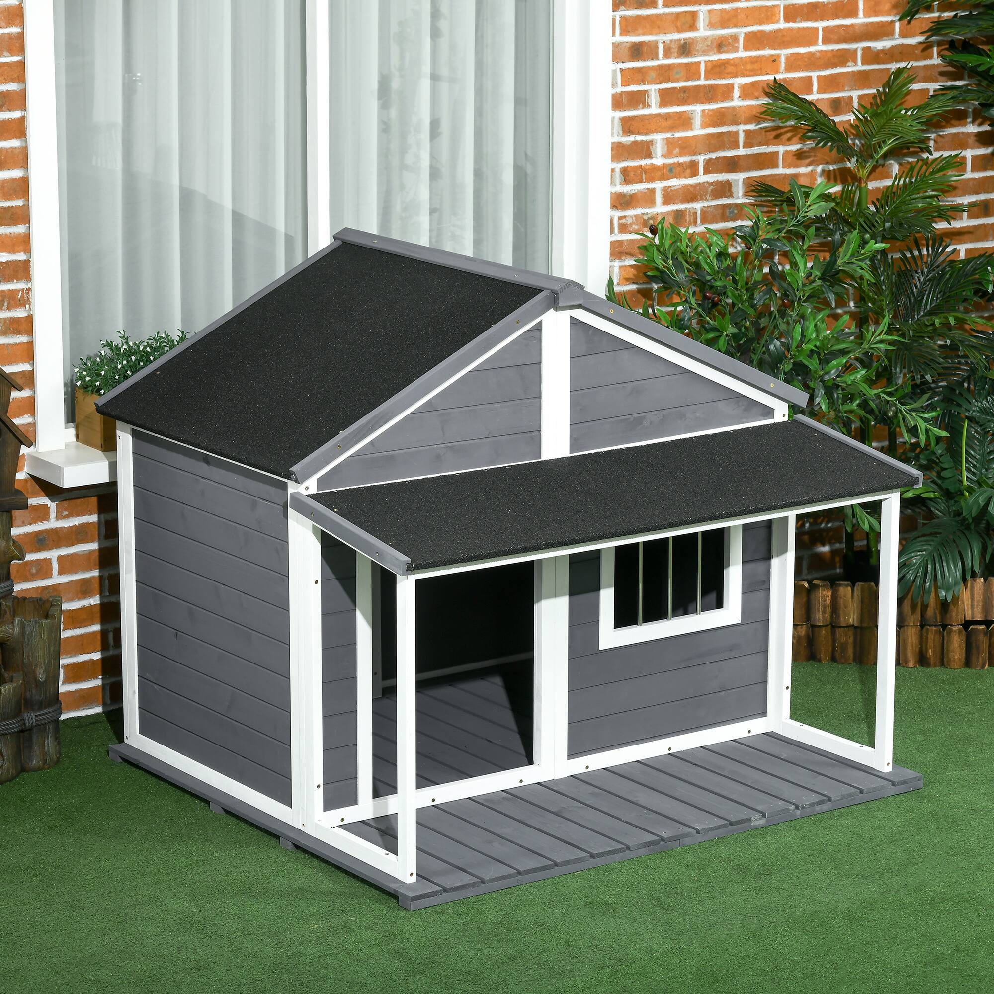 Alt View 4. Pawhut - Outdoor Dog House Cabin Style, Wooden Raised Pet Kennel with Asphalt Roof, Front Door, Side Window, Porch.