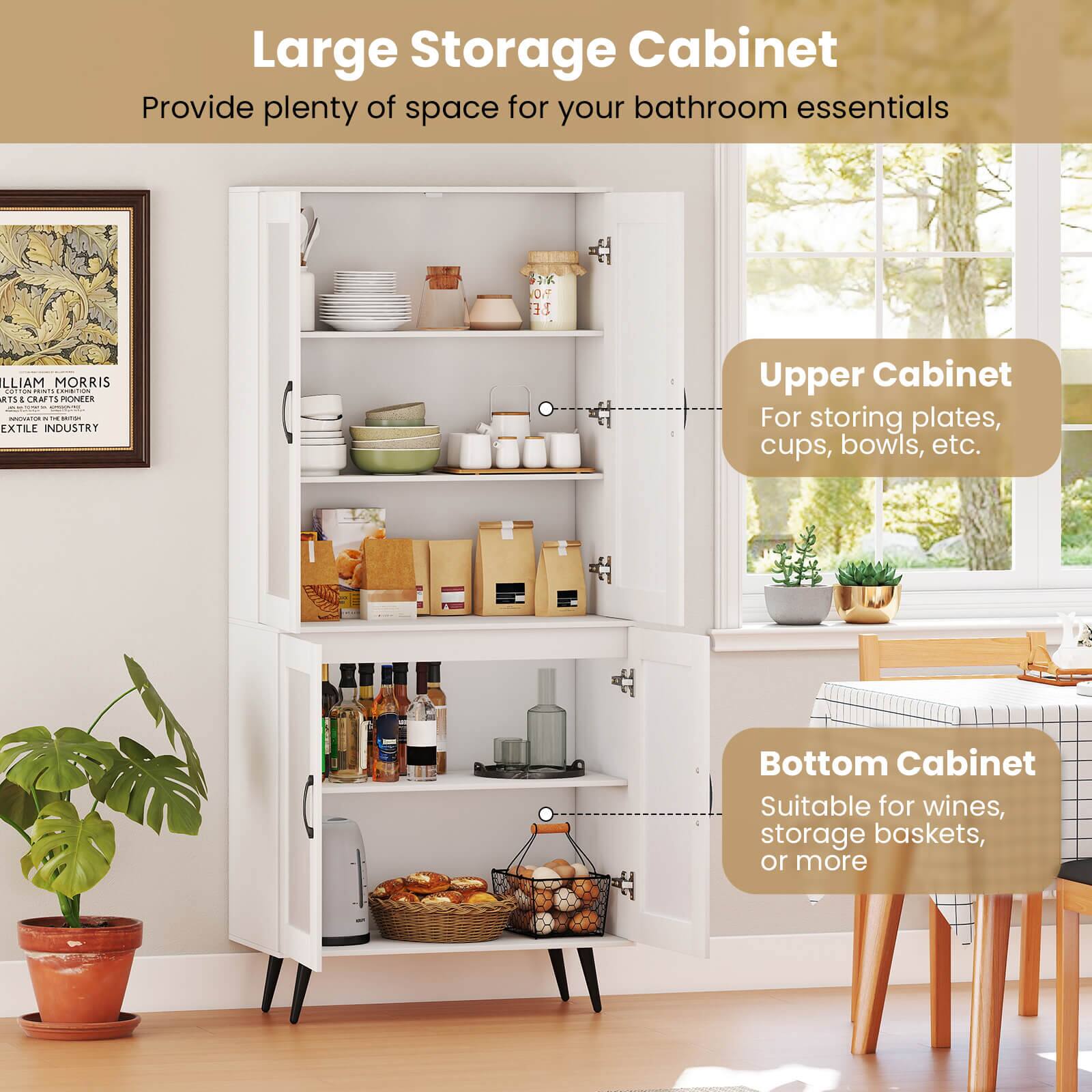 Large Storage Cabinet  
Provide plenty of space for your bathroom essentials  

Upper Cabinet  
For storing plates, cups, bowls, etc.  

Bottom Cabinet  
Suitable for wines, storage baskets, or more